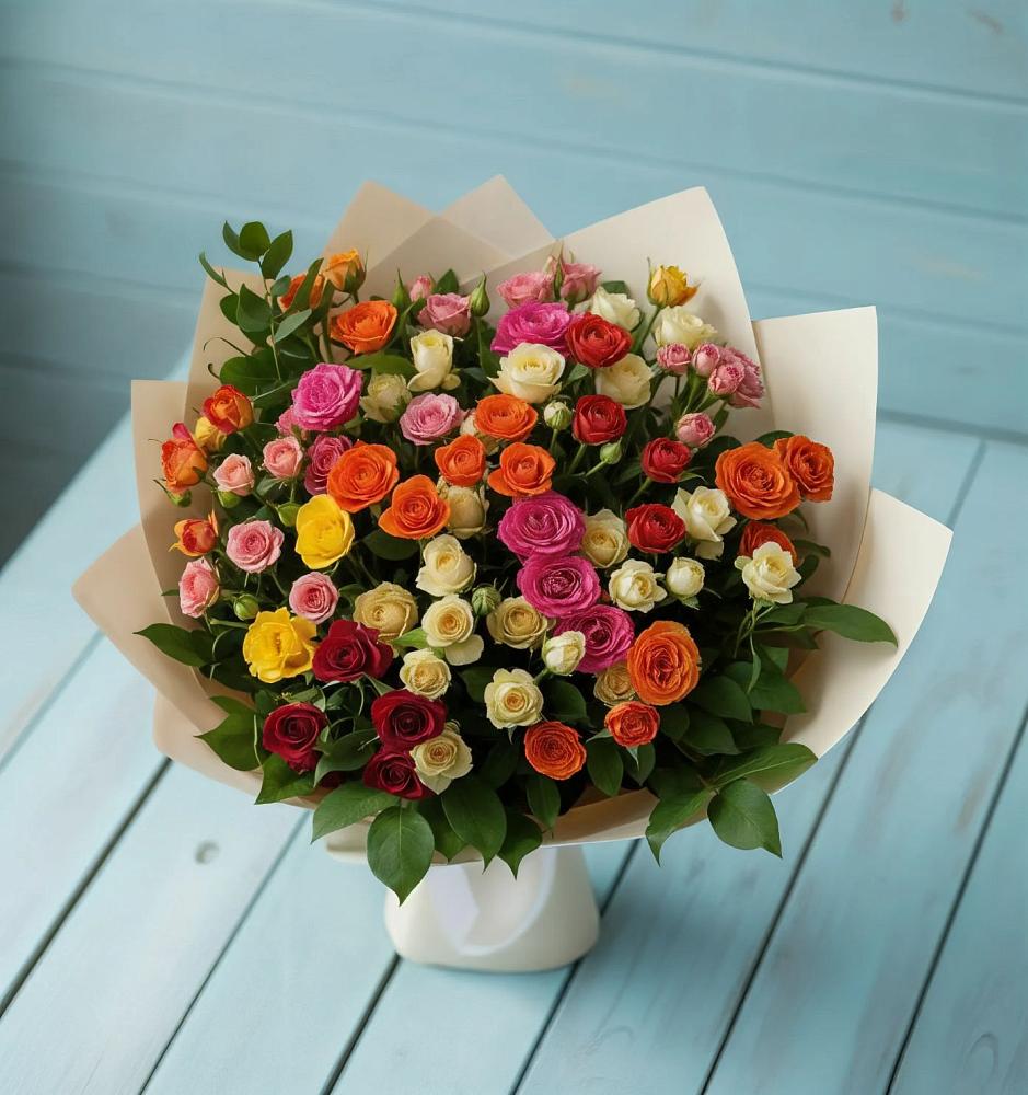 Букет Микс из разноцветных кустовых роз в Оби