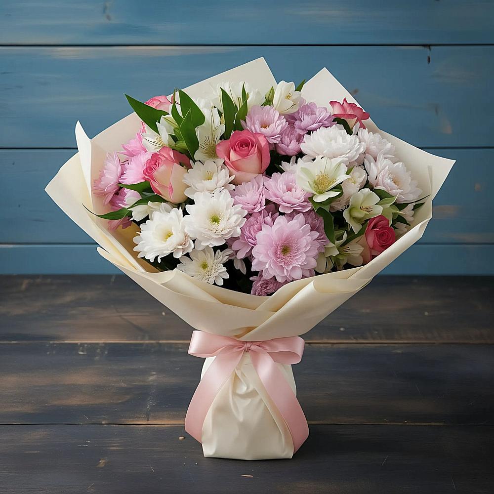 Букет цветов из: Хризантемы, Альстромерии и Розы в Оби